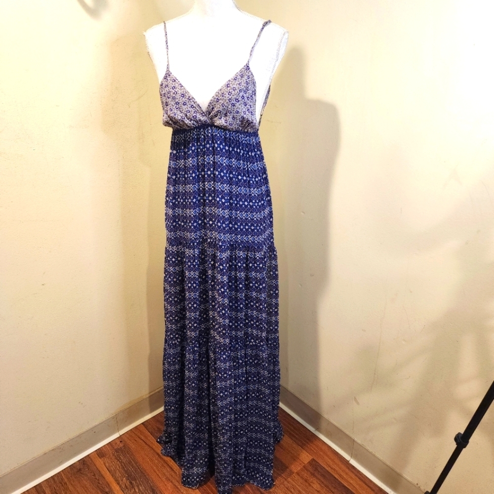 Blue Moon Women's Blue Patterned Maxi Flare  Dress Size 1